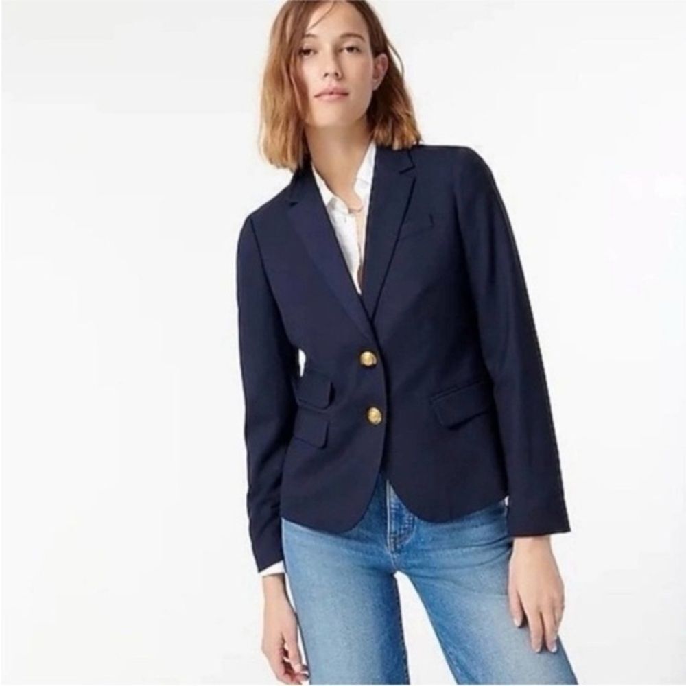 J. Crew Womens Classic Wool Schoolboy Navy Blue Blazer Gold Buttons 2